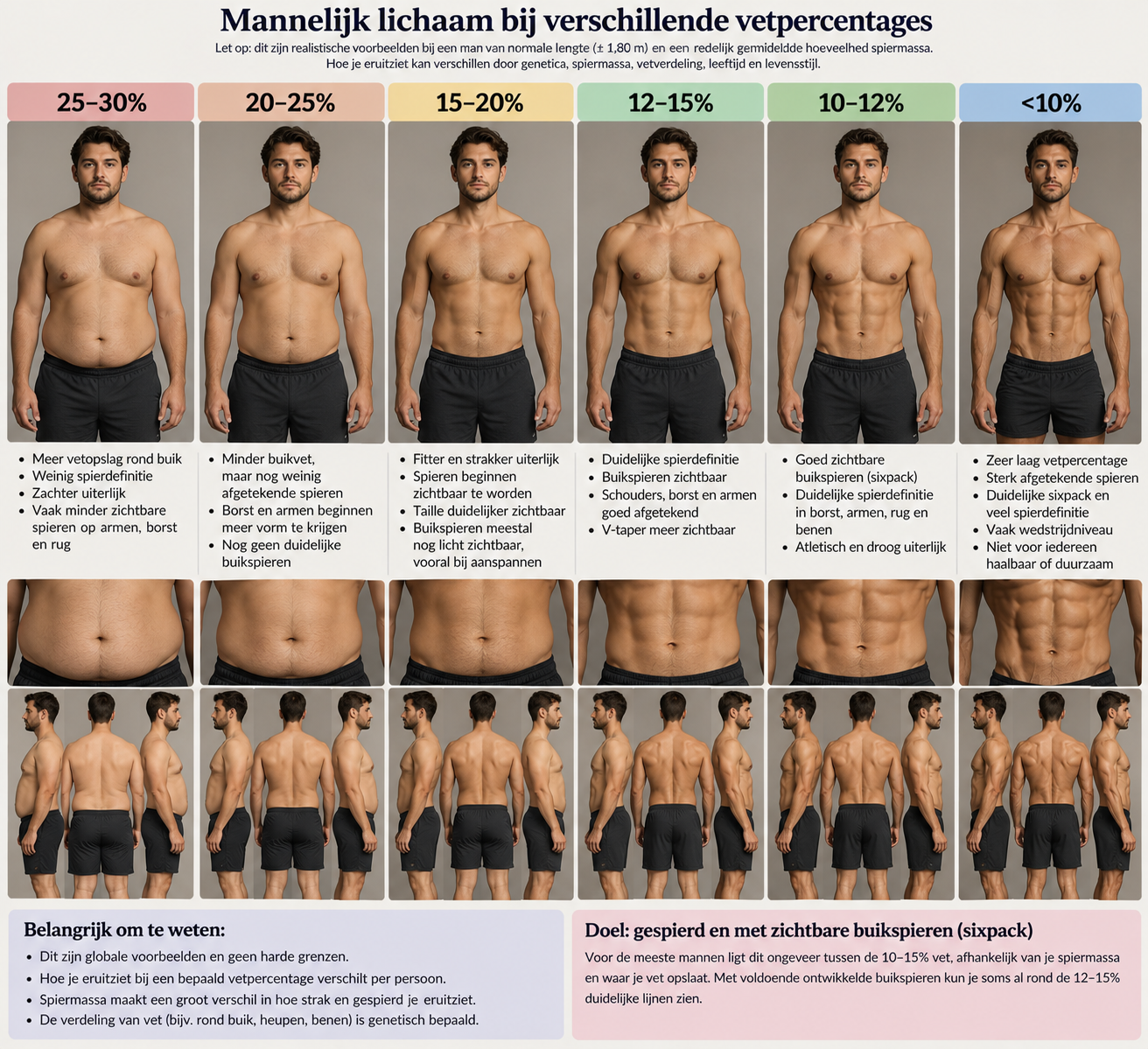 Mannelijk lichaam bij verschillende vetpercentages, van 25-30% tot onder de 10%