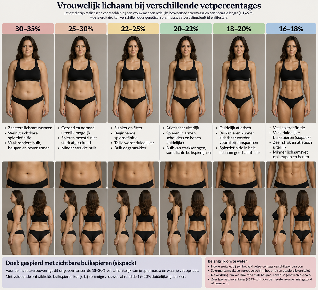 Vrouwelijk lichaam bij verschillende vetpercentages, van 30-35% tot 16-18%